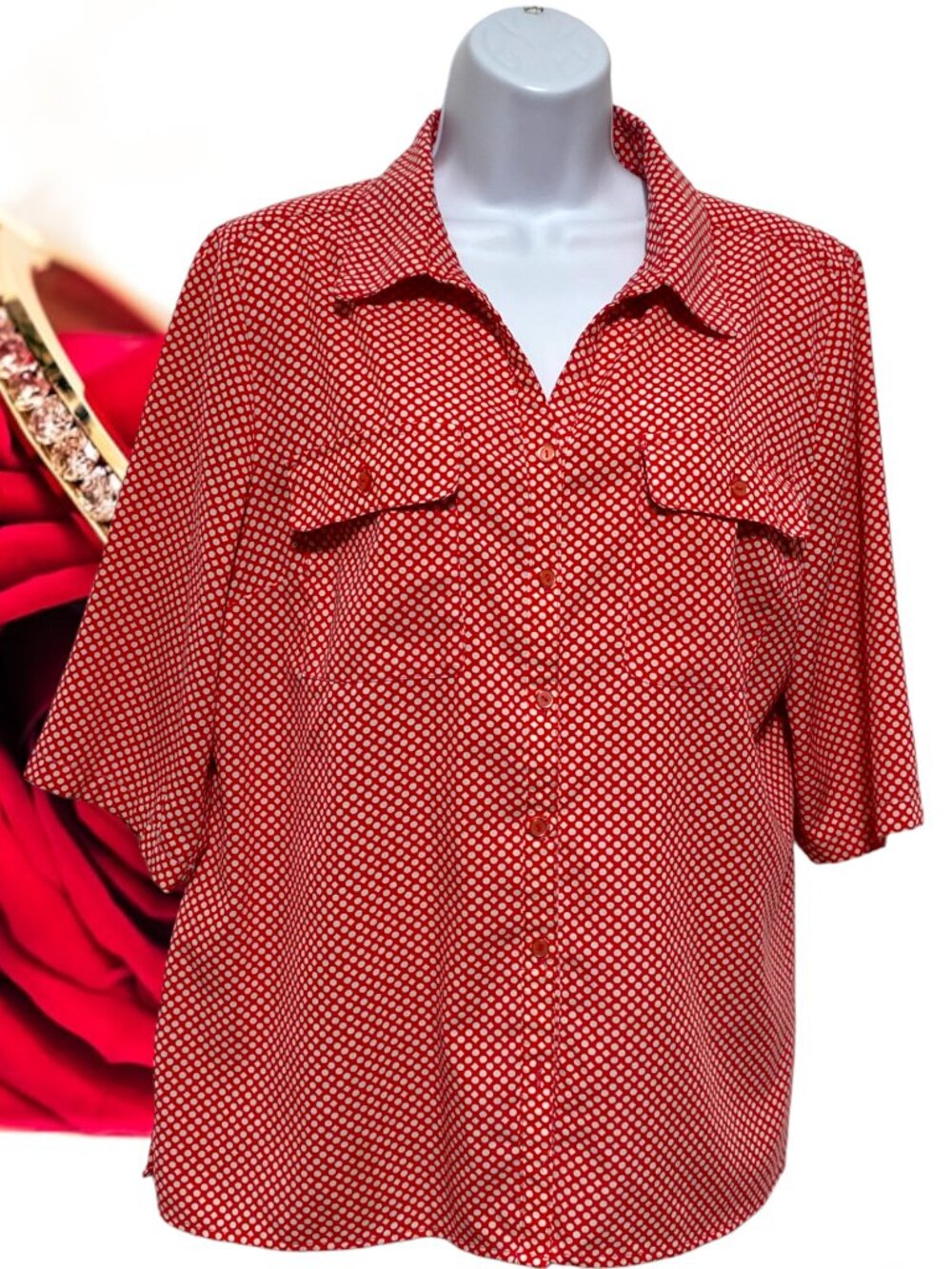 Notations-Large Button Top With Pockets Short Sleeve Polka Dot-V-Neck Collared